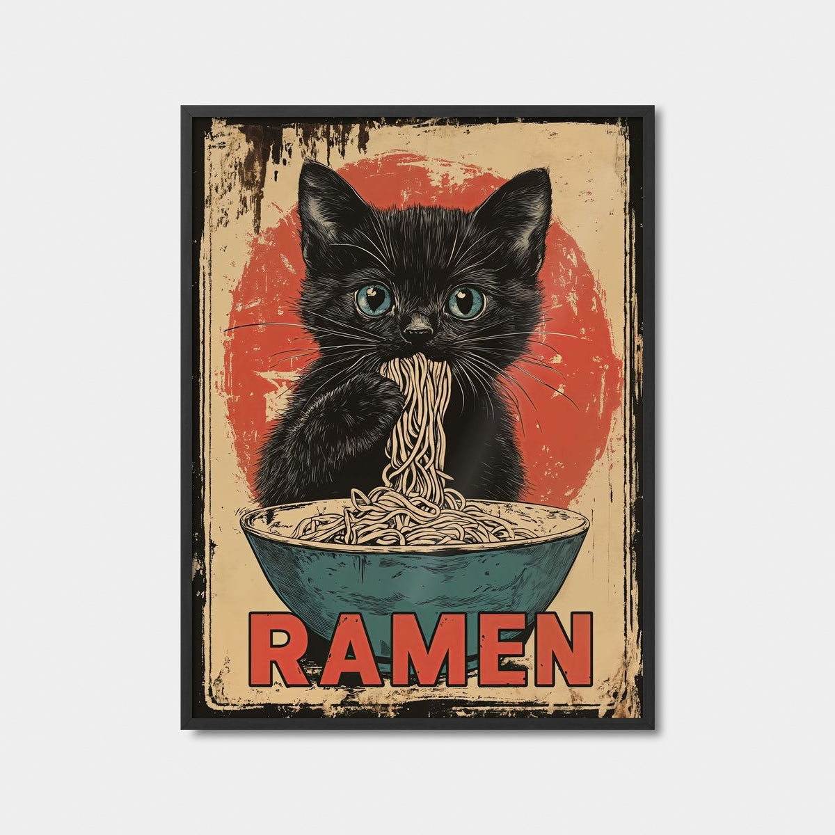 Black Cat Eating Ramen Art Print Feature Image