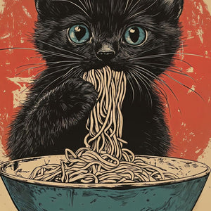 Black Cat Eating Ramen Art Print Close-up