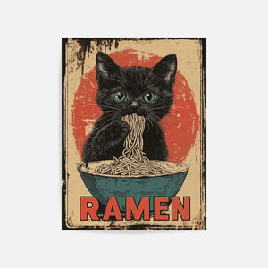 Black Cat Eating Ramen Art Print Unframed