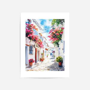 Spanish Village Street Scene Art Print Unframed